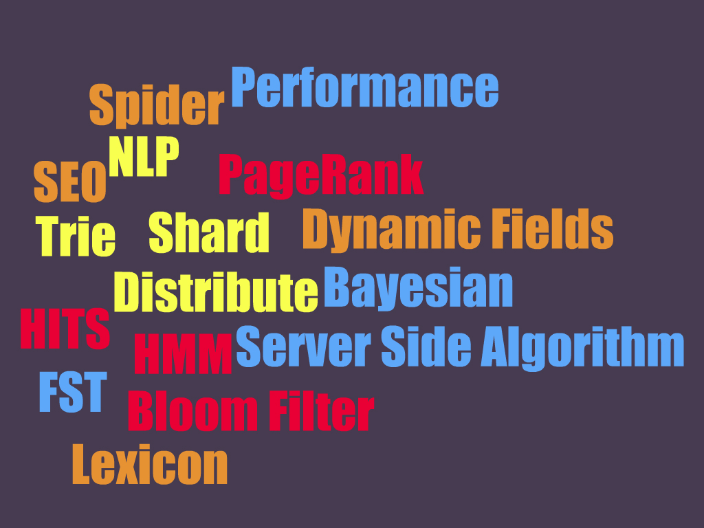 Spider, Distribute, Shard, NLP, HMM, PageRank, HITS, Bloom~Filter, Trie, SEO, Lexicon, Dynamic~Fields, Server~Side~Algorithm, Performance, FST, Bayesian
